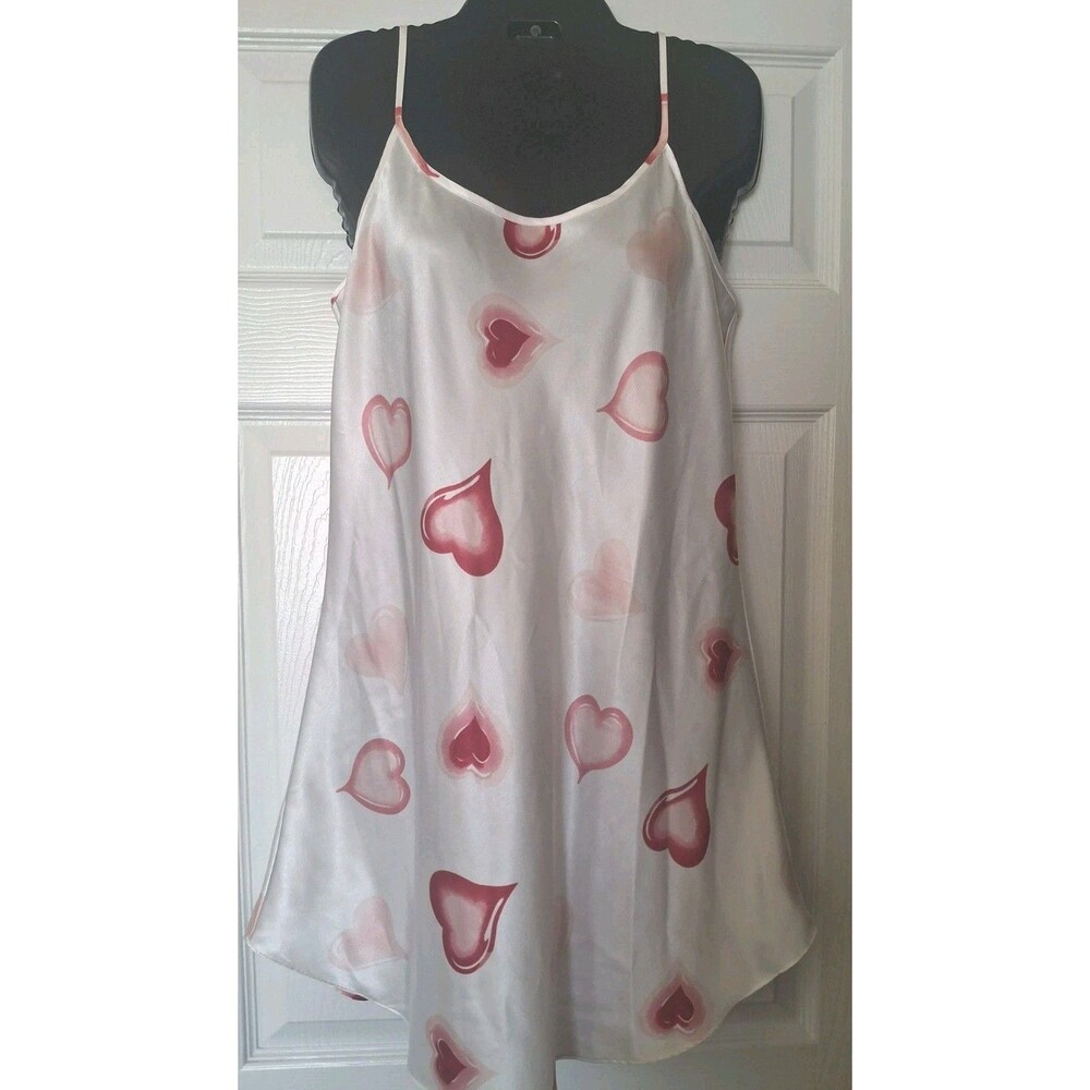 Vintage 90s Shiny Satin Slip Dress TR Bentley Medium Hearts Chemise Coquette